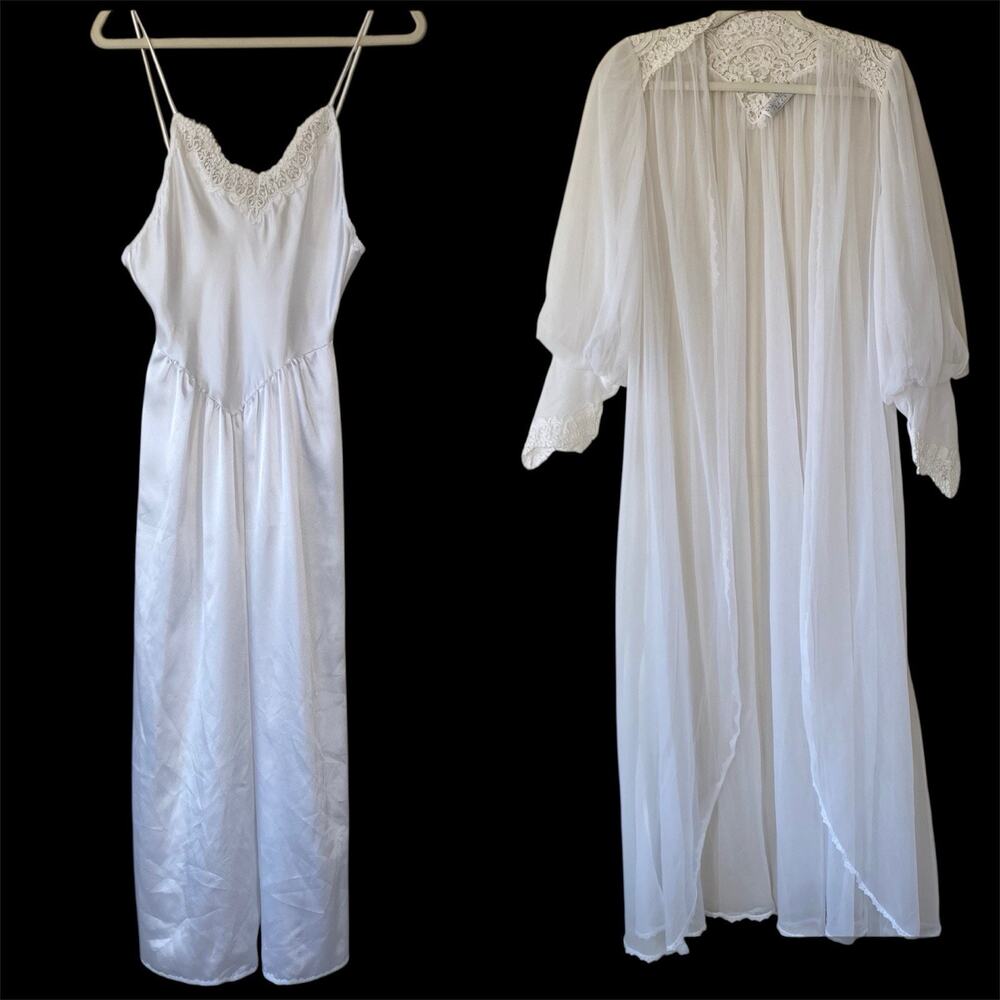 VTG Val Mode Lingerie Long Peignoir 2-Pc Chiffon Robe & Nightgown White Bridal